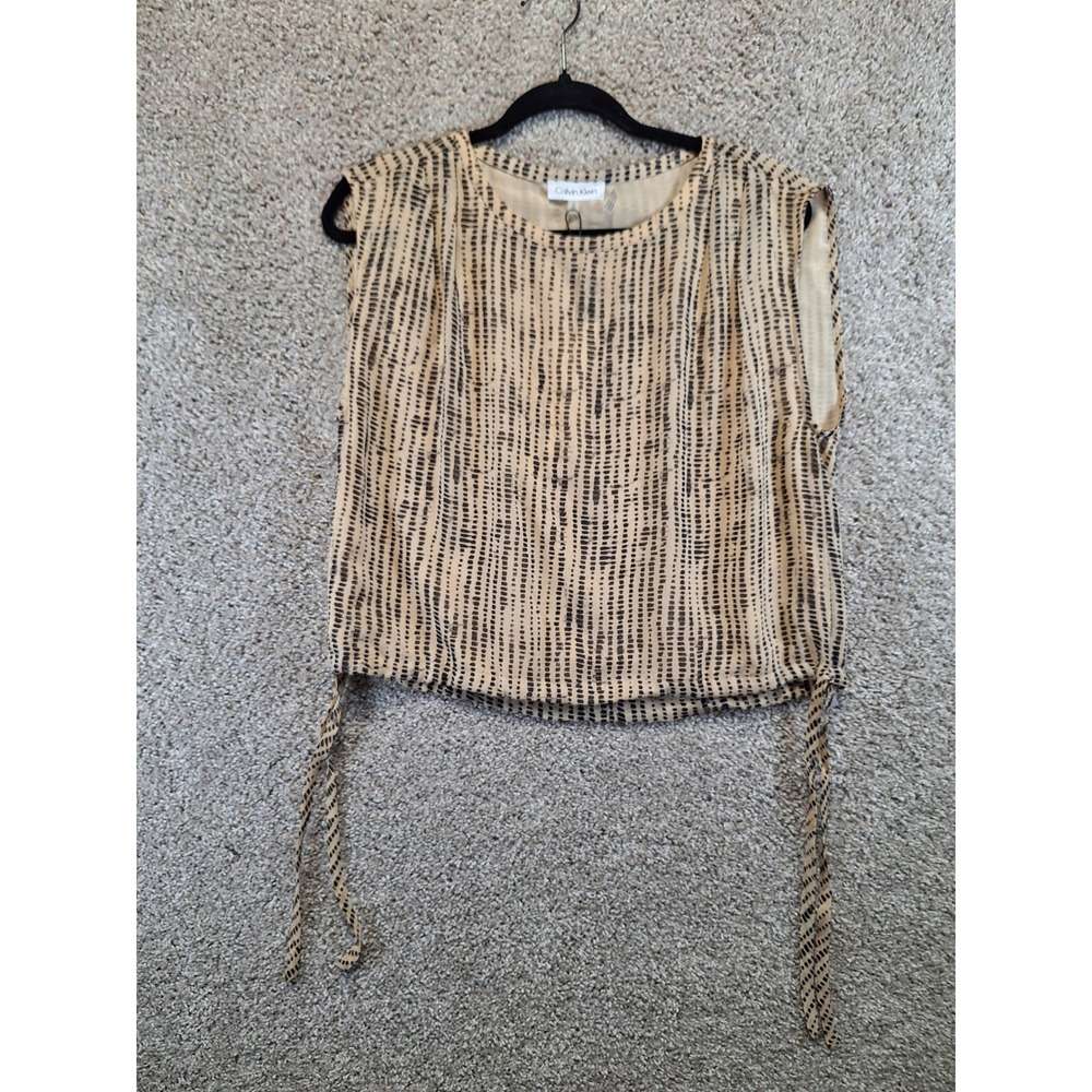 Calvin Klein Blouse Womens S Tan Black Abstract Print Sleeveless Side Tie NWT